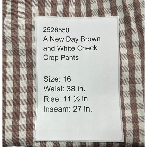 A New Day Cropped Pants Womens Size 16 Brown White Check High Rise Side Zipper - Picture 3 of 7